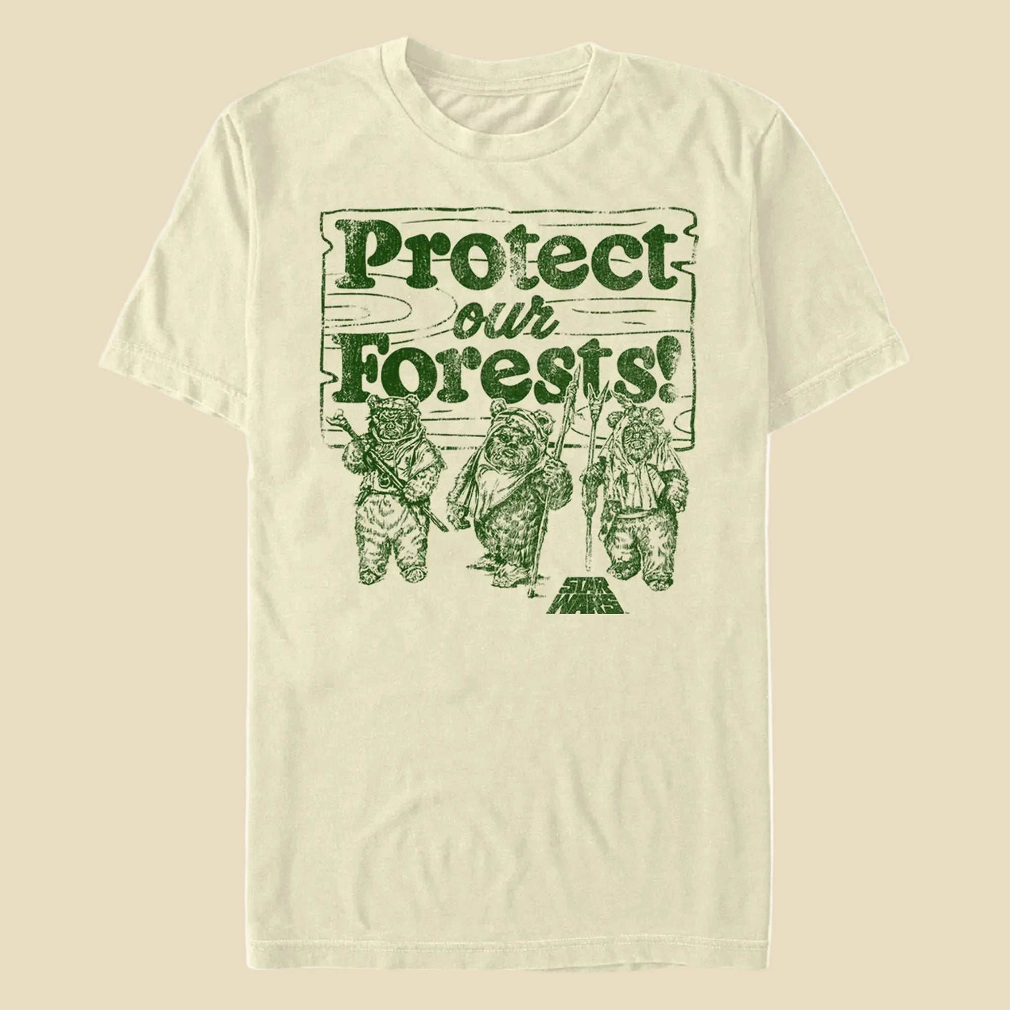 T-Shirt with Ewoks and 'Protect Our Forests' on a white background.