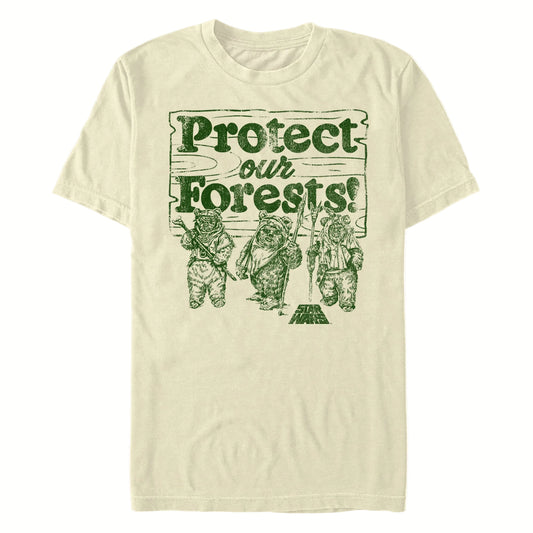 T-Shirt with Ewoks and 'Protect Our Forests' on a white background.