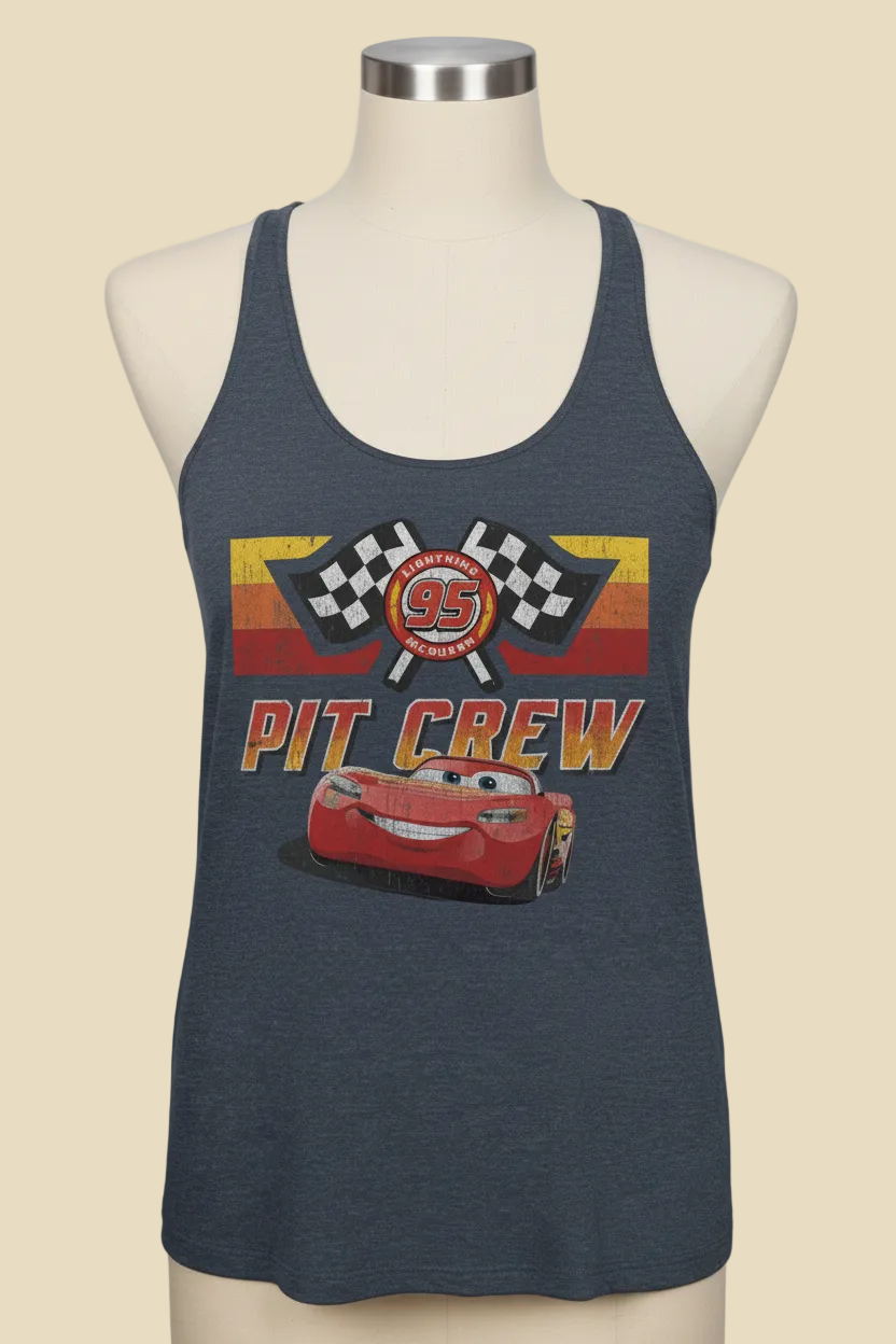 Navy tank top with 'Pit Crew' design on a mannequin against a race track background