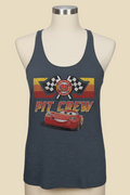 Navy tank top with 'Pit Crew' design on a mannequin against a race track background