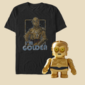 Black t-shirt with robot graphic and 'I'm Golden' text, accompanied by a golden robot figure on a beige background.