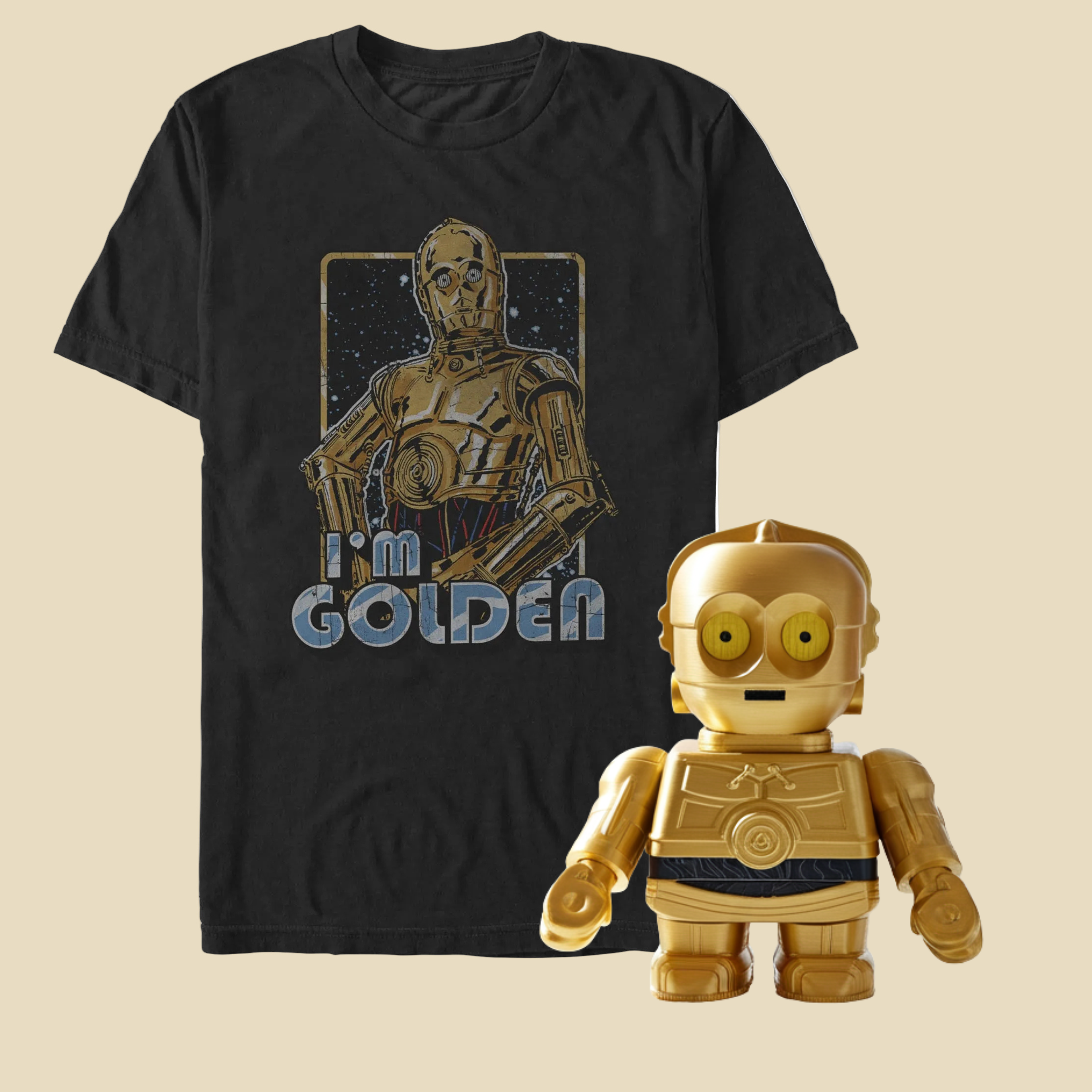 Black t-shirt with robot graphic and 'I'm Golden' text, accompanied by a golden robot figure on a beige background.