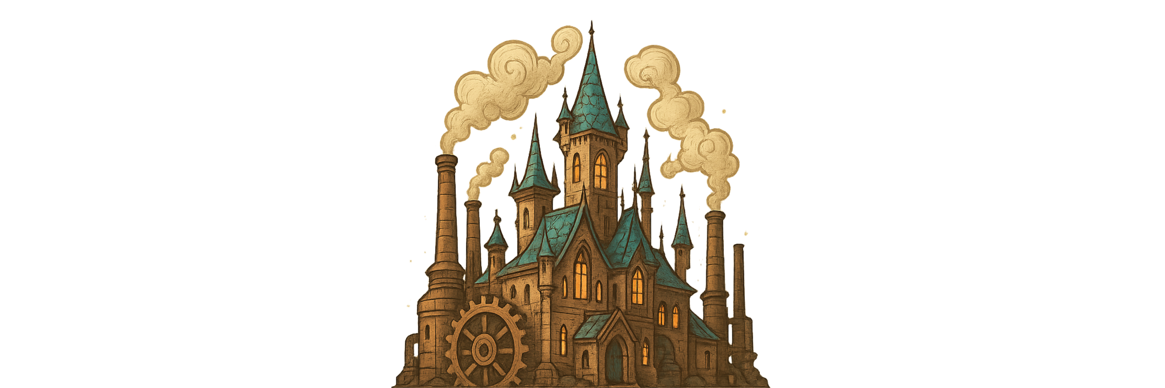 Fantasy castle with steam pipes and smoke on a white background