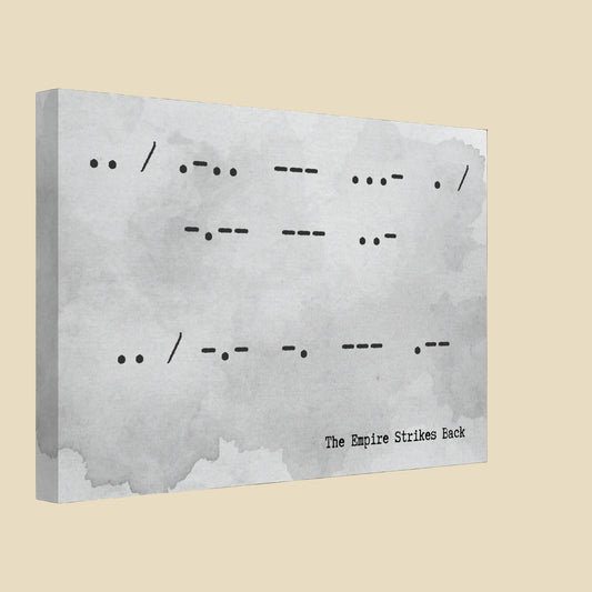 Canvas print with Morse code and 'The Empire Strikes Back' text on a textured gray background