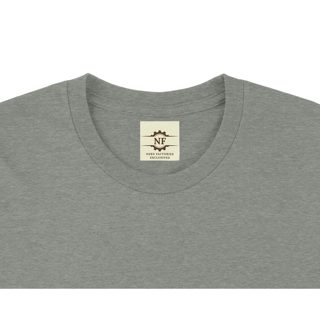 Shirt tag with NF in a gear and 'Nerd Factories Exclusives' text below it on a cream background.