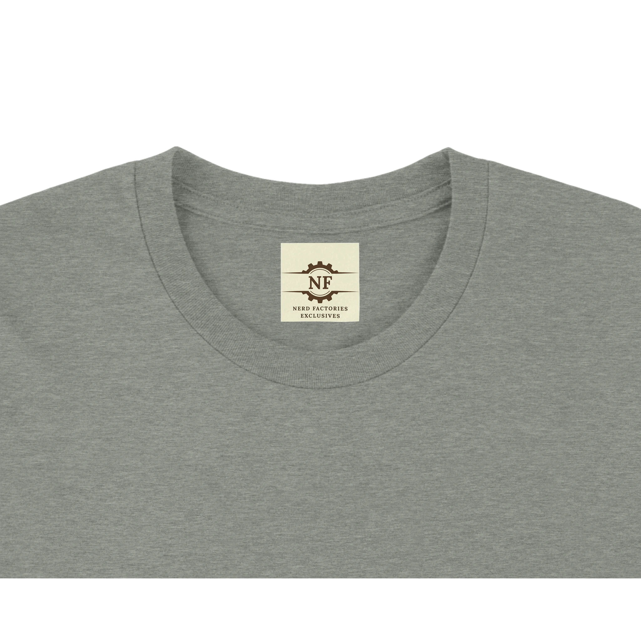 Shirt tag with NF in a gear and 'Nerd Factories Exclusives' text below it on a cream background.