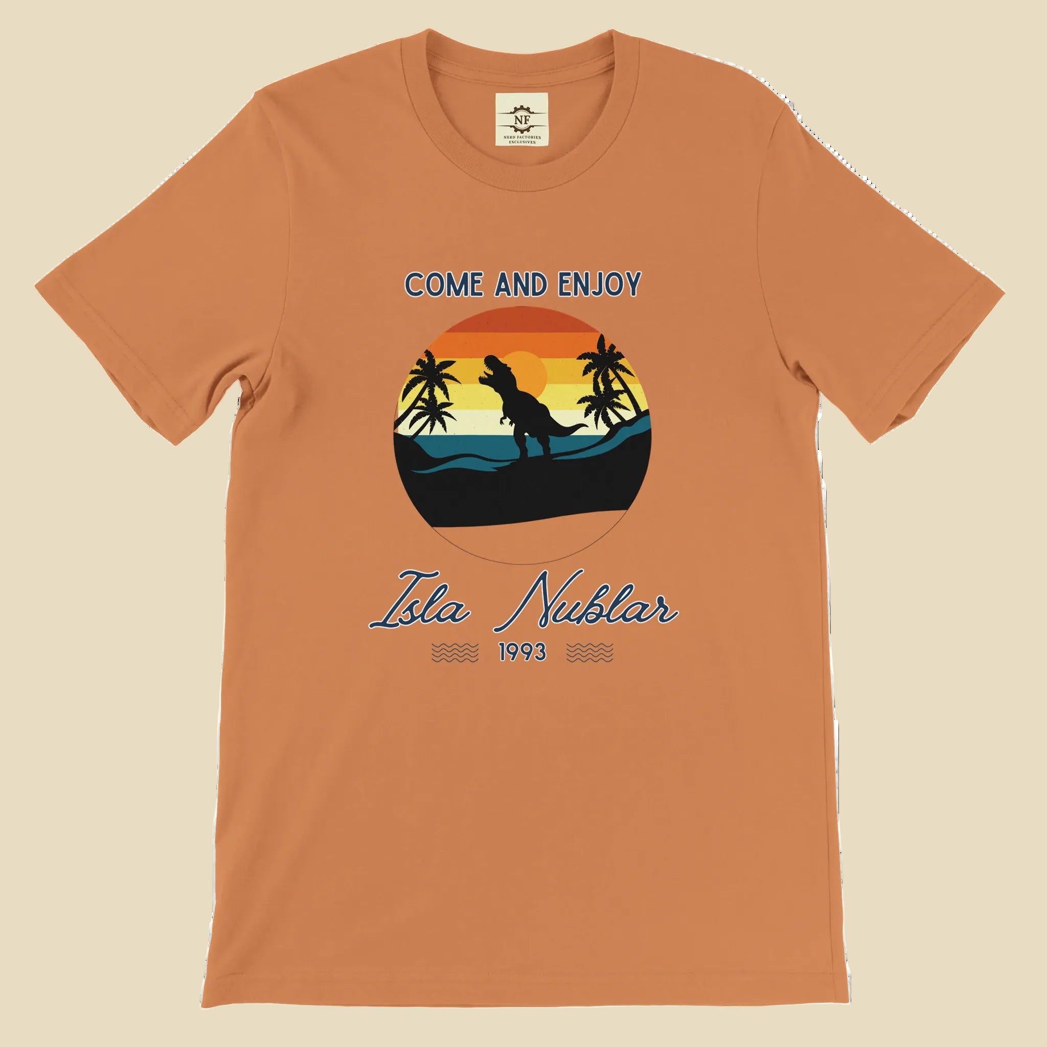 Orange t-shirt with a dinosaur graphic and text on a white background