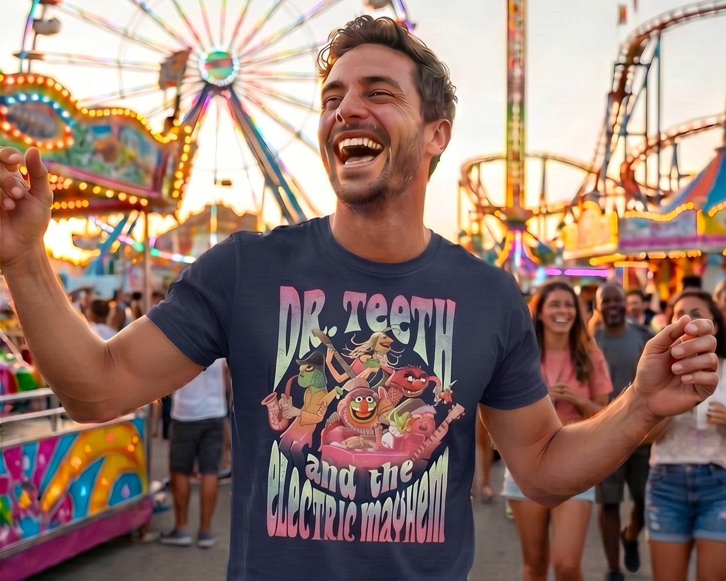 Man laughing with arms raised at a carnival with colorful rides in the background