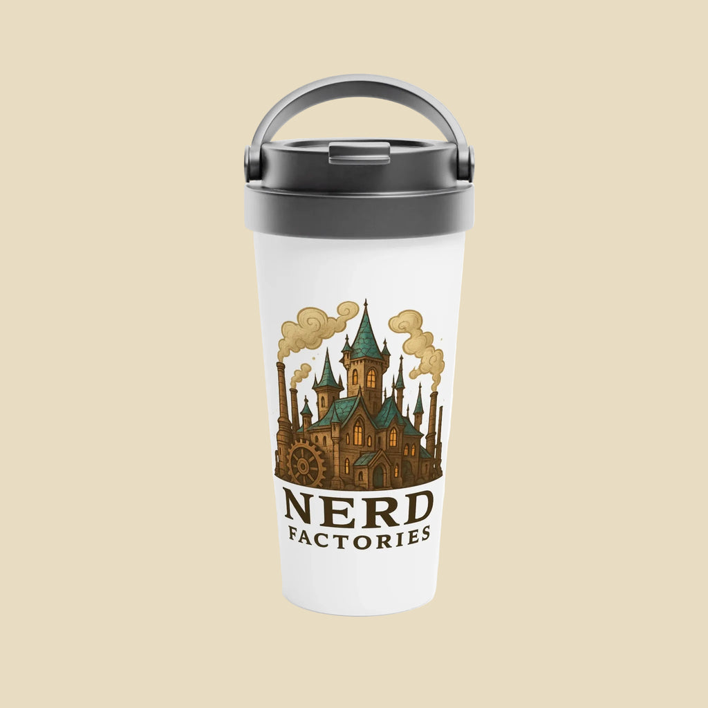 Tumbler with a castle design and 'Nerd Factories' text on a white background