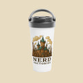 Tumbler with a castle design and 'Nerd Factories' text on a white background