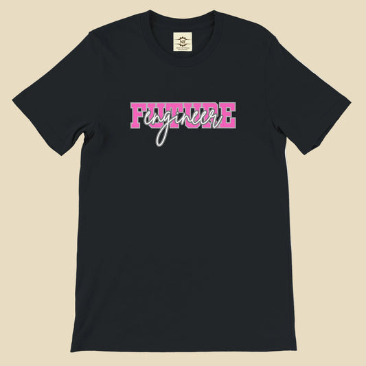 Black t-shirt with pink and white text on a white background