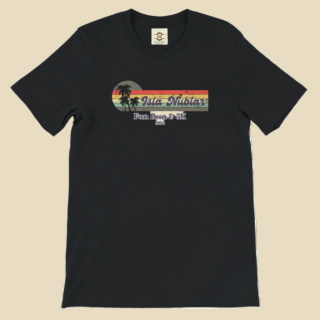 Black t-shirt with a colorful graphic and text on a white background