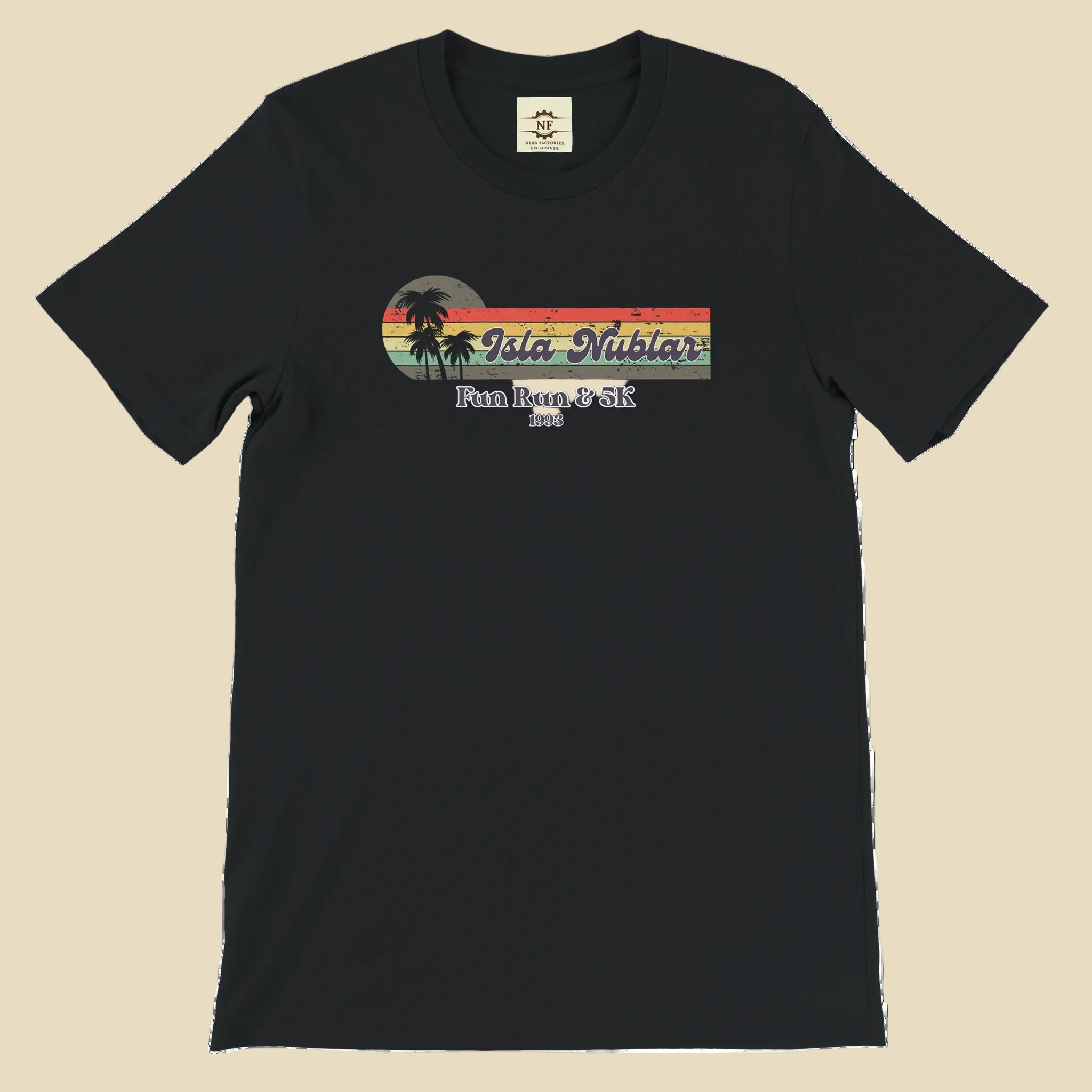 Black t-shirt with a colorful graphic and text on a white background