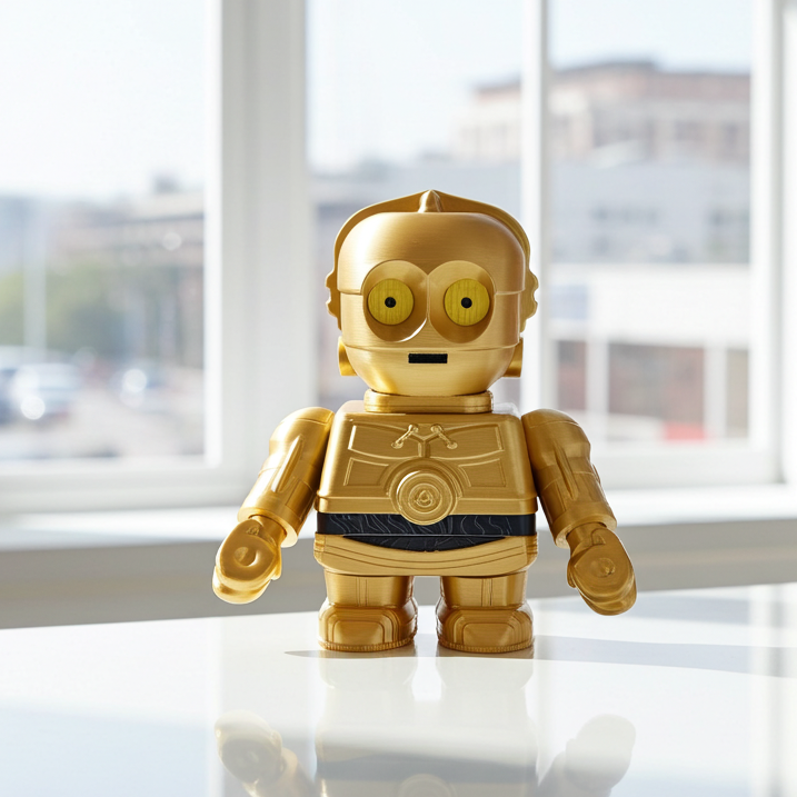 Gold robot toy on a reflective surface with a window in the background